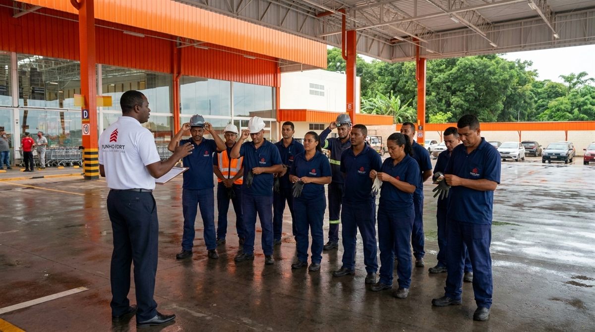 Supervisor Punho Fort em briefing com a equipe uniformizada antes do início do turno
