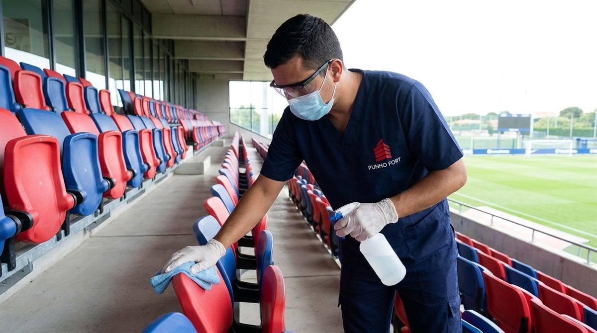 Colaborador Punho Fort higienizando arquibancada de arena entre eventos
